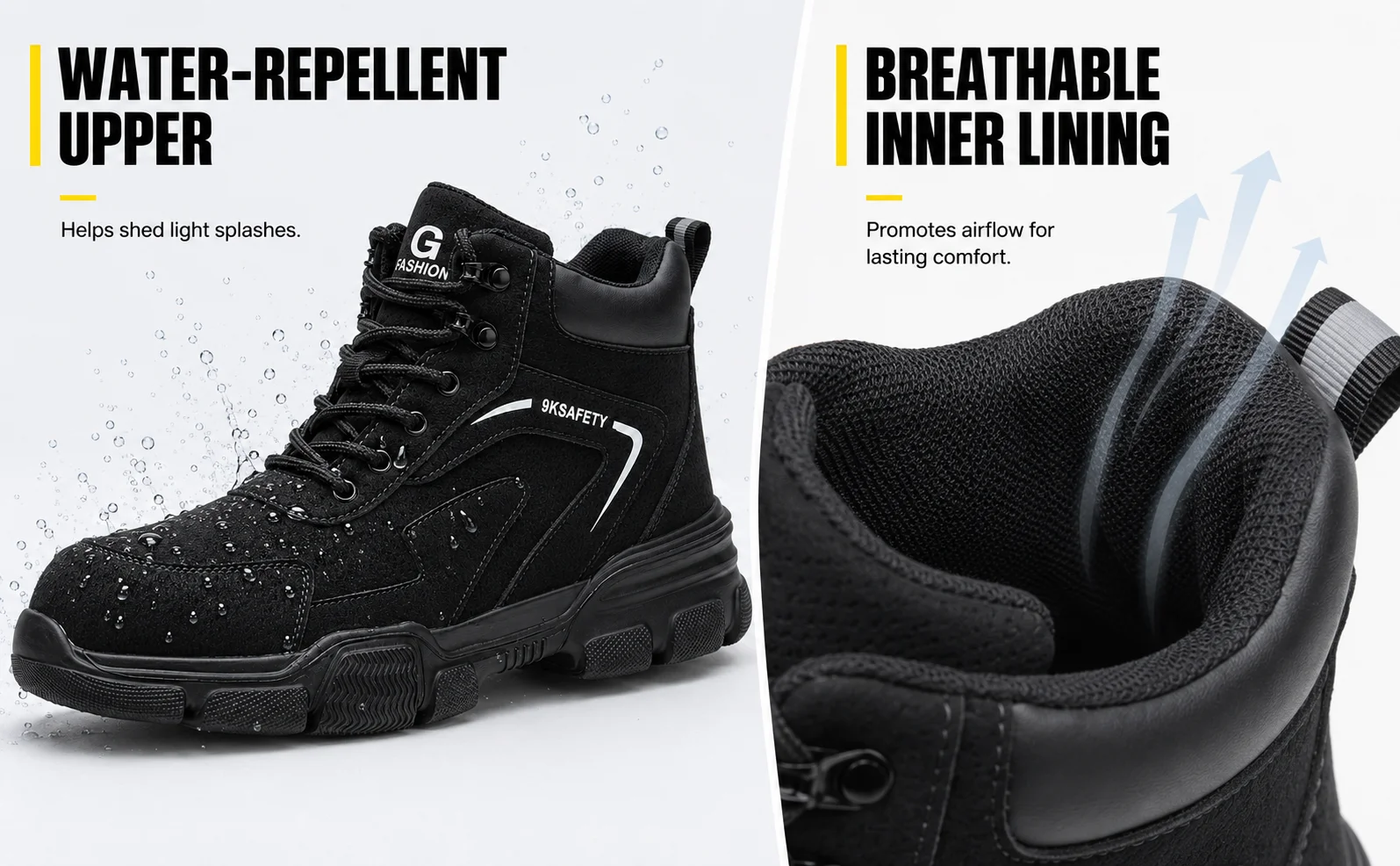 Herren-Arbeitsschuhe mit Stahlkappe, Sicherheitsschuhe, durchstichfest, wasserabweisend, schwarze High-Top-Stiefel für die Bauindustrie – Detail 6