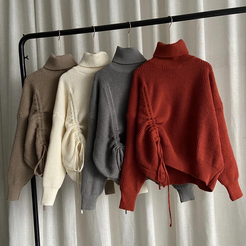 LMQ Turtleneck Jumpers Women Chic Korean Lazy Long Sleeve Sweater Chic Simple Basic Streetwear Pull Drawstring Pullover Tops