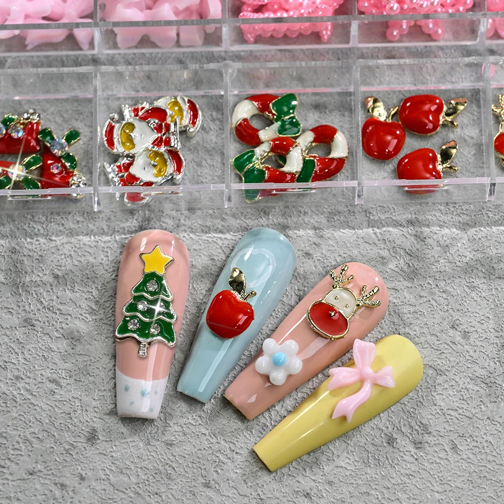 12-شبكة جديدة عيد الميلاد سبيكة الأيائل سانتا كلوز مسمار السحر الراتنج القوس القمر اللؤلؤ شجرة عيد الميلاد مسمار الفن اكسسوارات الفاخرة جوهرة مسمار جزء