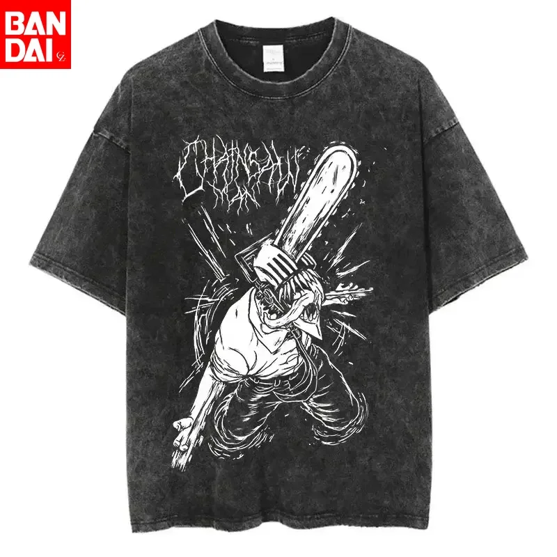 Chainsaw Man Denji White Metal Graphic T Shirt 2026 Summer Washed Black Unisex Loose Fit Short Sleeve Streetwear Anime Tee