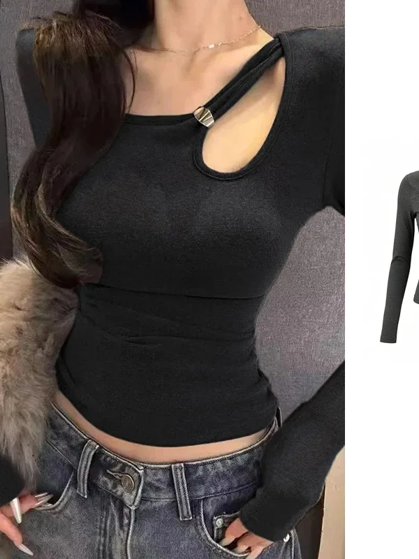 Women's Fleece Lined Long Sleeve Base Shirt Hollow out Design Slim Fit Sexy Inner Wear Autumn Winter Top Korean Style Commute