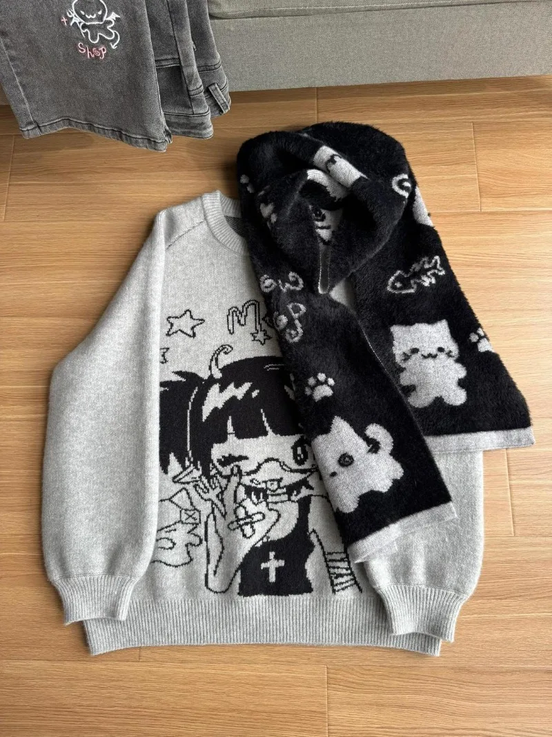 Long Sleeve Pullovers Sweaters Y2k Women Knitted Graffiti Vintage Japanese Kawaii Sweet Gray Sueter Mujer Preppy Style