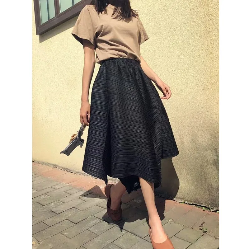 

2024 New Arrival Spring Summer Women Casual Loose Elastic Waist Asymmetry Design A-line Skirt High Waist Mid-calf Skirts P54