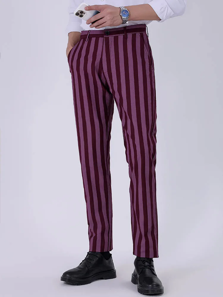 

Striped casual pants four seasons new loose straight men's business fashion pink elastic 2024