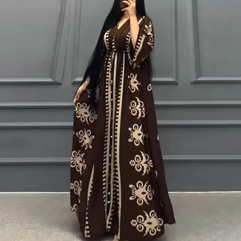 Autumn 3/4 Sleeve Loose Muslim Dress Woman Vintage Pattern Print Robe Party Dress Spring V Neck Lace-up Maxi Long Dress Vestidos