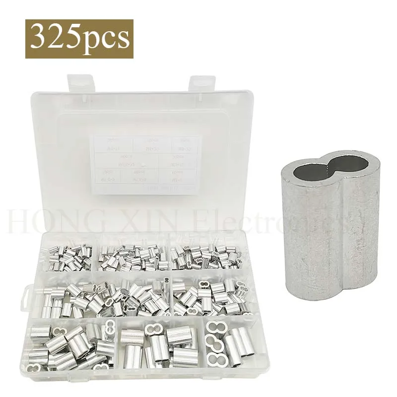 325pcs Wire Rope Sleeves Aluminum Crimping Loop Sleeves, 3/64'' 1/16''  3/32'' 1/8''  3/16'' 1/4'' Double Cable Ferrules Kit