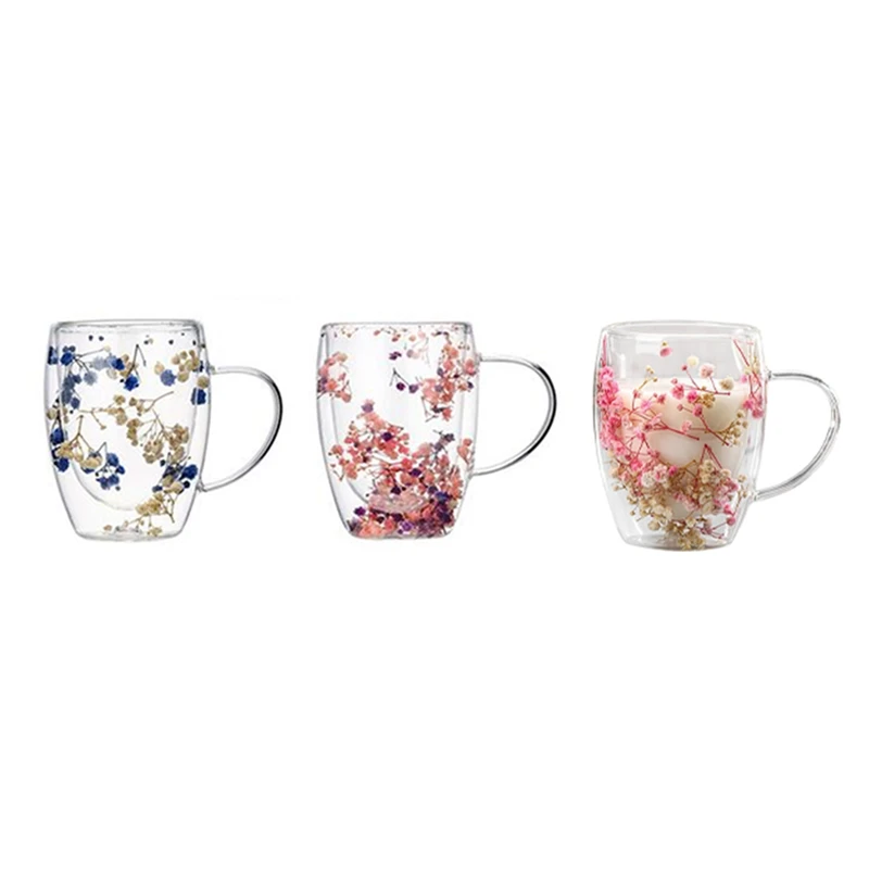 Creatives Real Flower Double Glass High Appearance Level Full Star Dried Flower Milk Coffee Glass 350Ml Household Cup