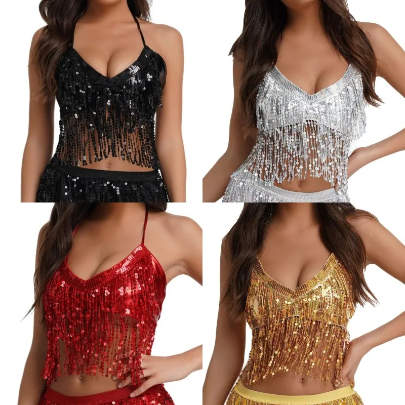 Chaleco con flecos de lentejuelas para danza latina del vientre, Top para actuación en club nocturno, sujetador Halter, ropa de baile para escenario, trajes de actuación para espectáculo de fiesta