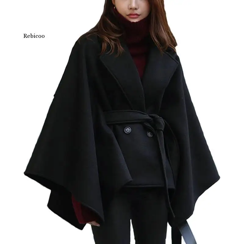 

Cloak Coat Women 2022 Winter Woolen Blends Long Sleeve Sashes Loose Warm Elegant Lady Overcoat Fashion Outwear