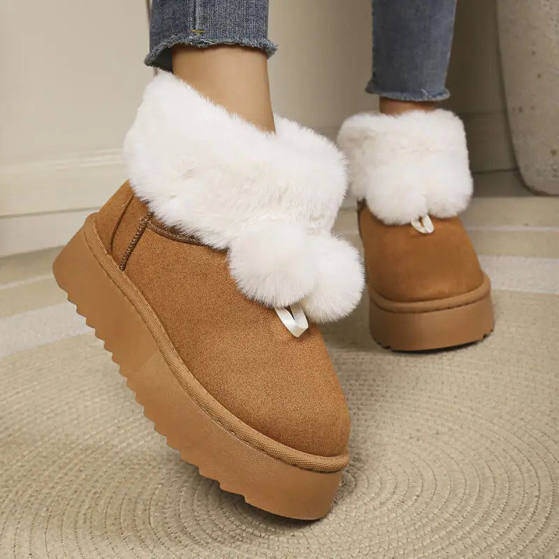 Cute Fluffy Fur Ball Thick Bottom Snow Boots Women Winter 2026 Warm Plush Suede Ankle Boots Comfort Platform Cotton Shoes Mujer