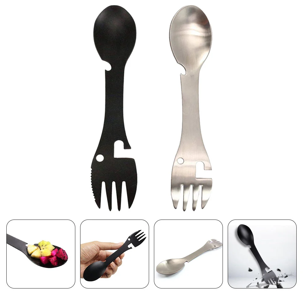 2 Pcs Integrated Knife and Fork Spoon Camping Spork Set One Body Lightweight Stainless Steel Combine 5-in-1 Tool Outdoor