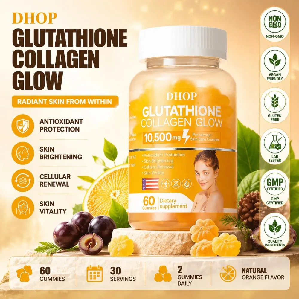 Gomitas de Colágeno con Glutatión DHOP, Vitamina C, Semilla de Uva, Corteza de Pino, Acai, Antioxidante para Aclarar la Piel, Vegano, Sin OMG, 60 Gomitas