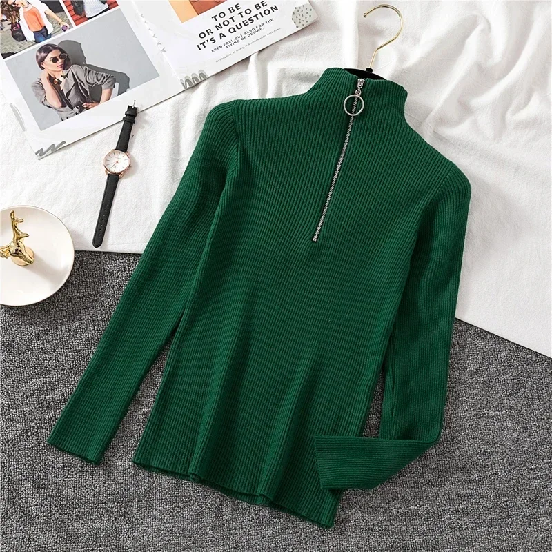 OCEANLOVE Zipper Half Turtleneck Sweater Women Solid Slim Autumn Winter Clothes Sueter Mujer Basic Fashion Pullovers 12605