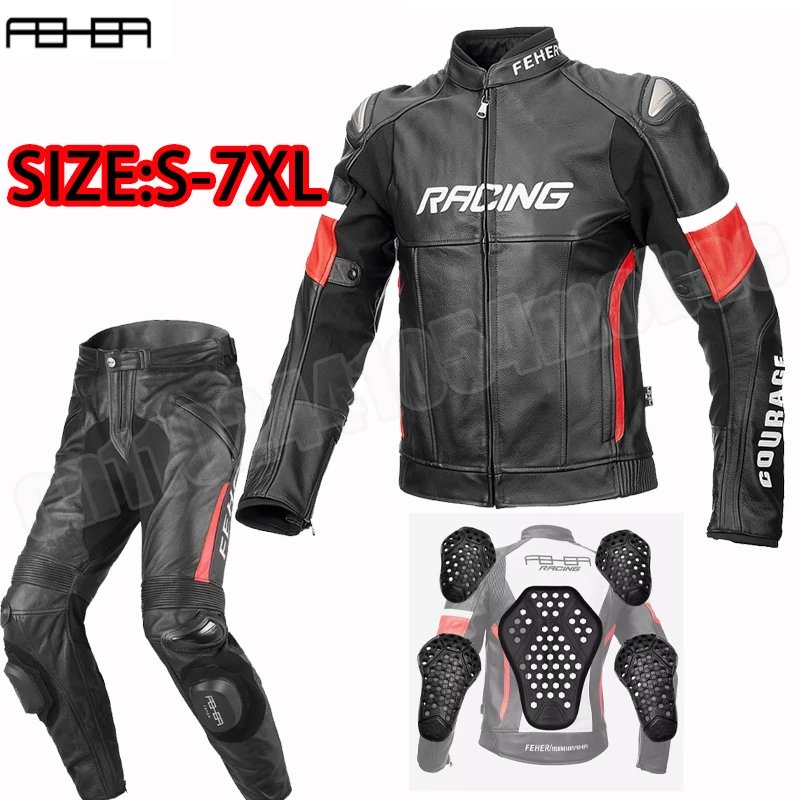 Chaquetas y pantalones de cuero de vaca para motocicleta, chaqueta de invierno a prueba de viento, resistente al desgaste con equipo de protección CE, traje de ciclismo