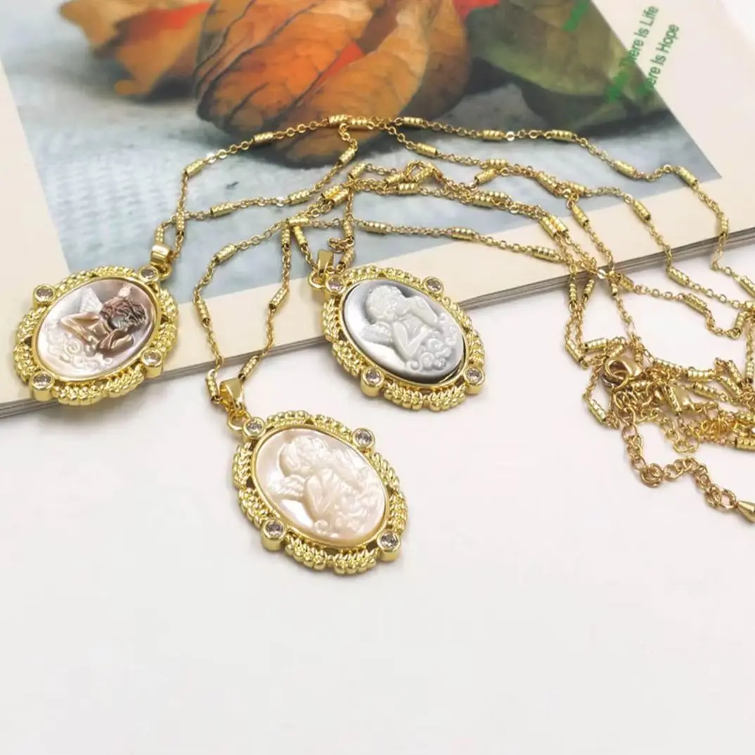 WT-JN273 Lovely Baby Angle Design With Natural Shell Oval Shape Tiny CZ Paved Pendant Jewelry For Couple Necklace
