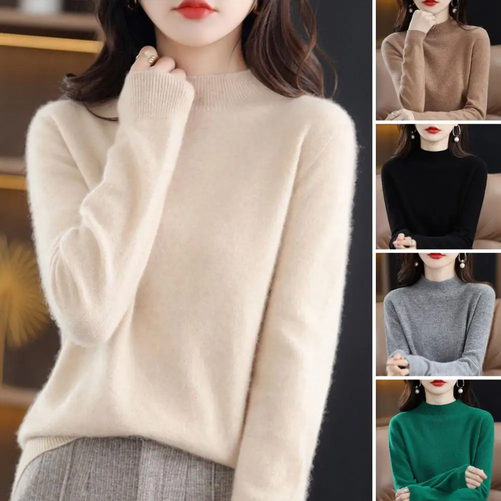 

Cozy Mid-collar Knit Top Soft Stretchy Women's Long Sleeve Pullover Sweater with Mid Collar for Daily Wear Lightweight for Women