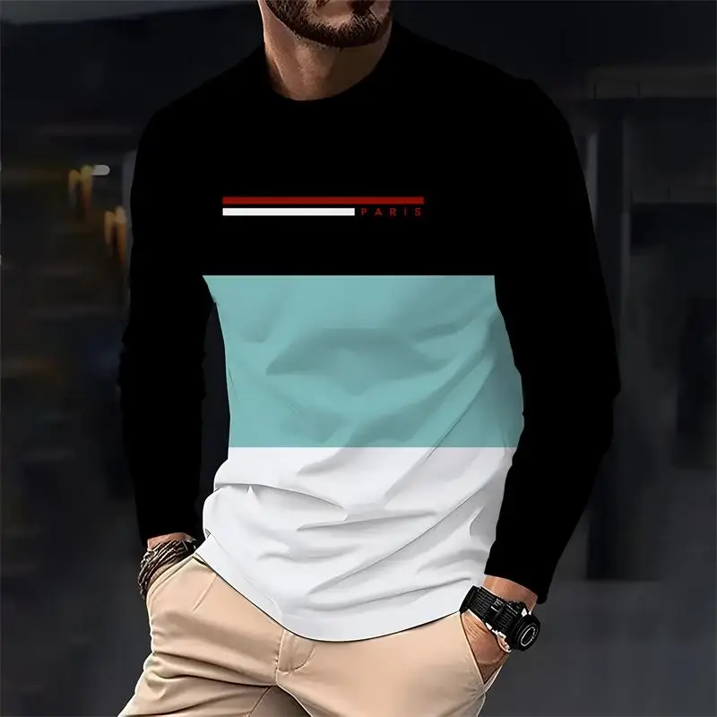 باريس اللون الرجال فضفاضة طويلة الأكمام تي شيرت مطبوع موضة crewneck تي شيرت غير رسمي مريح الرجال الربيع والخريف