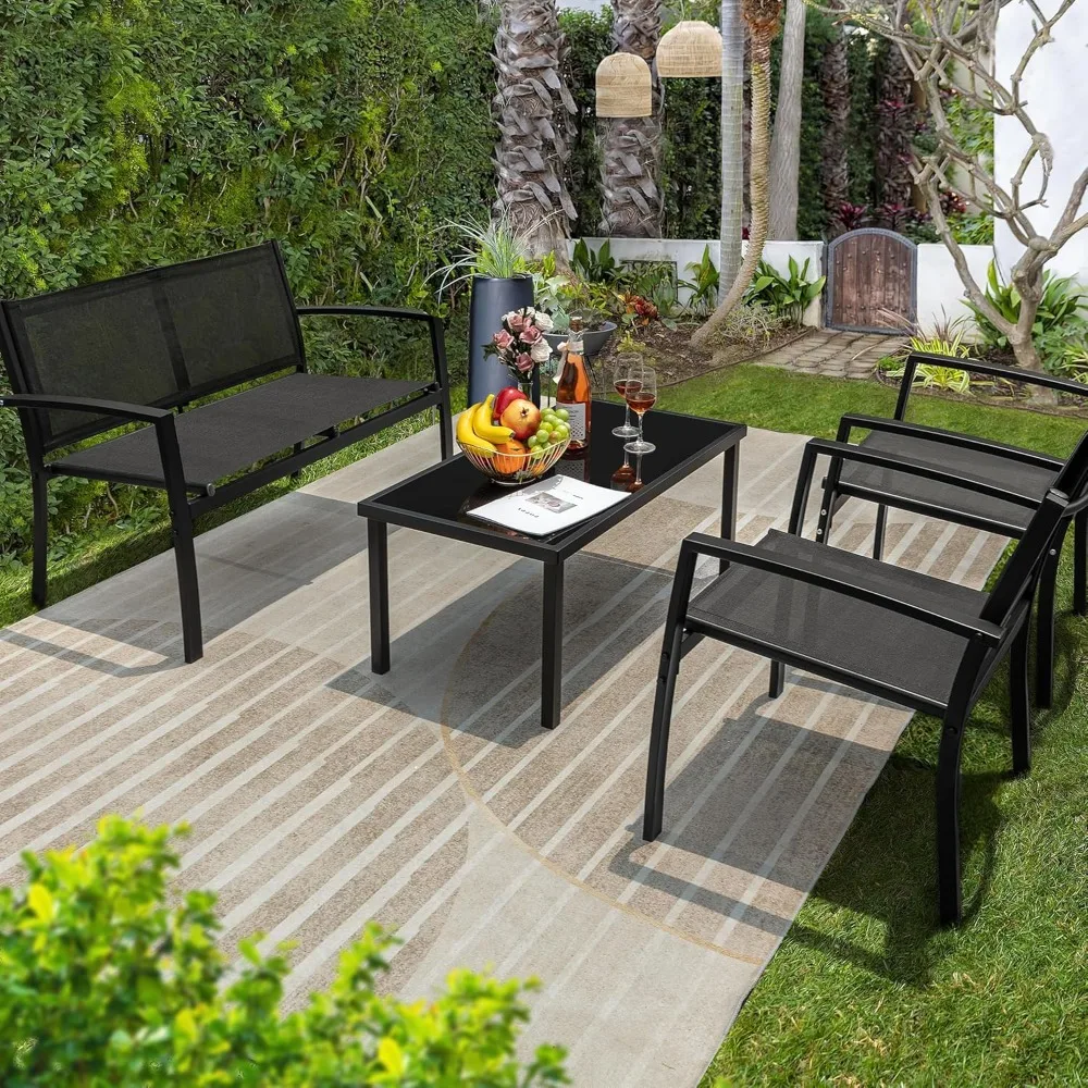 

4 pieces of outdoor patio furniture textiles, dialogue black bistro set, two-seater sofa coffee table on lawn and balcony