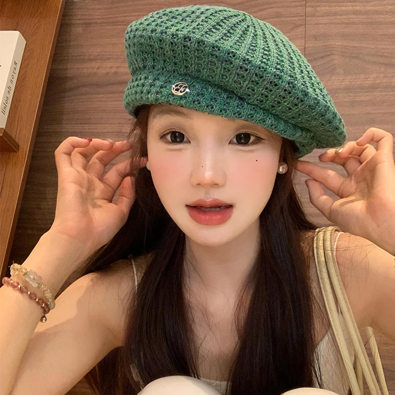

Japanese Simple Knitted Hollow Breathable Beret Spring and Summer Big Head Literary Fashion Versatile Painter Hat for Women's