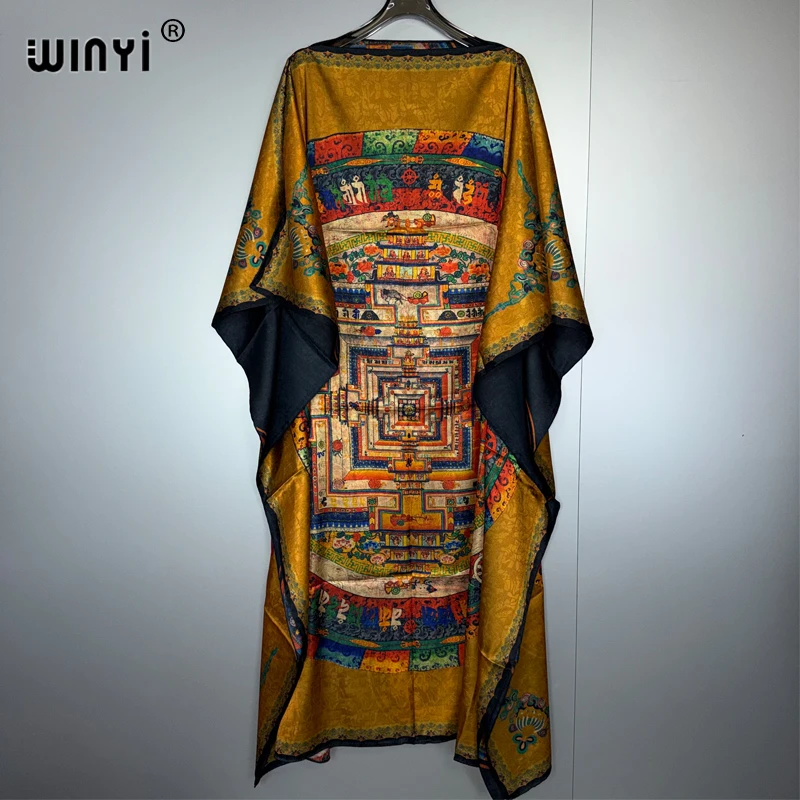 WINYI High Quality loose kaftan Boho Print Elegant long dress Women Evening party Caftan abaya muslim woman abaya dubai luxury