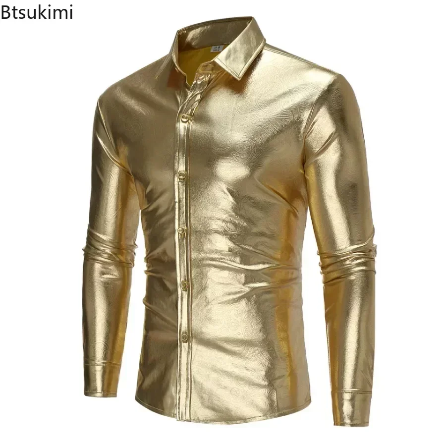 

2024 Men's Metallic Glossy Shirts Nightclub Party Shiny Shirts Vintage Disco Costume Fashion Prints Casual Perform Clothing Men