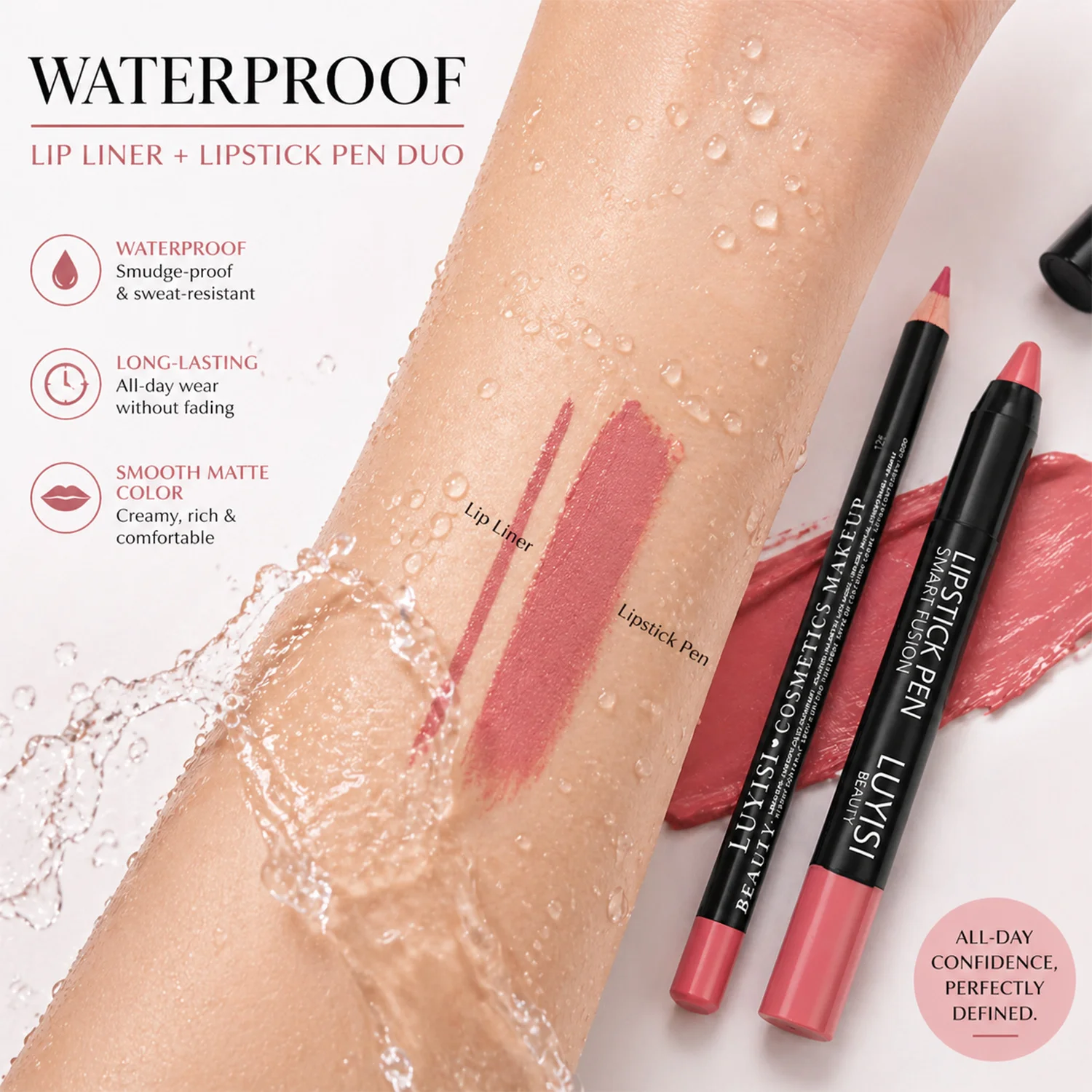 Highly Pigmented Lip Makeup Set:1pc Matte Lip Liner +1pc Velvet Lipstick,Buildable Coverage-Waterproof,Smudge-Proof,All Day Wear