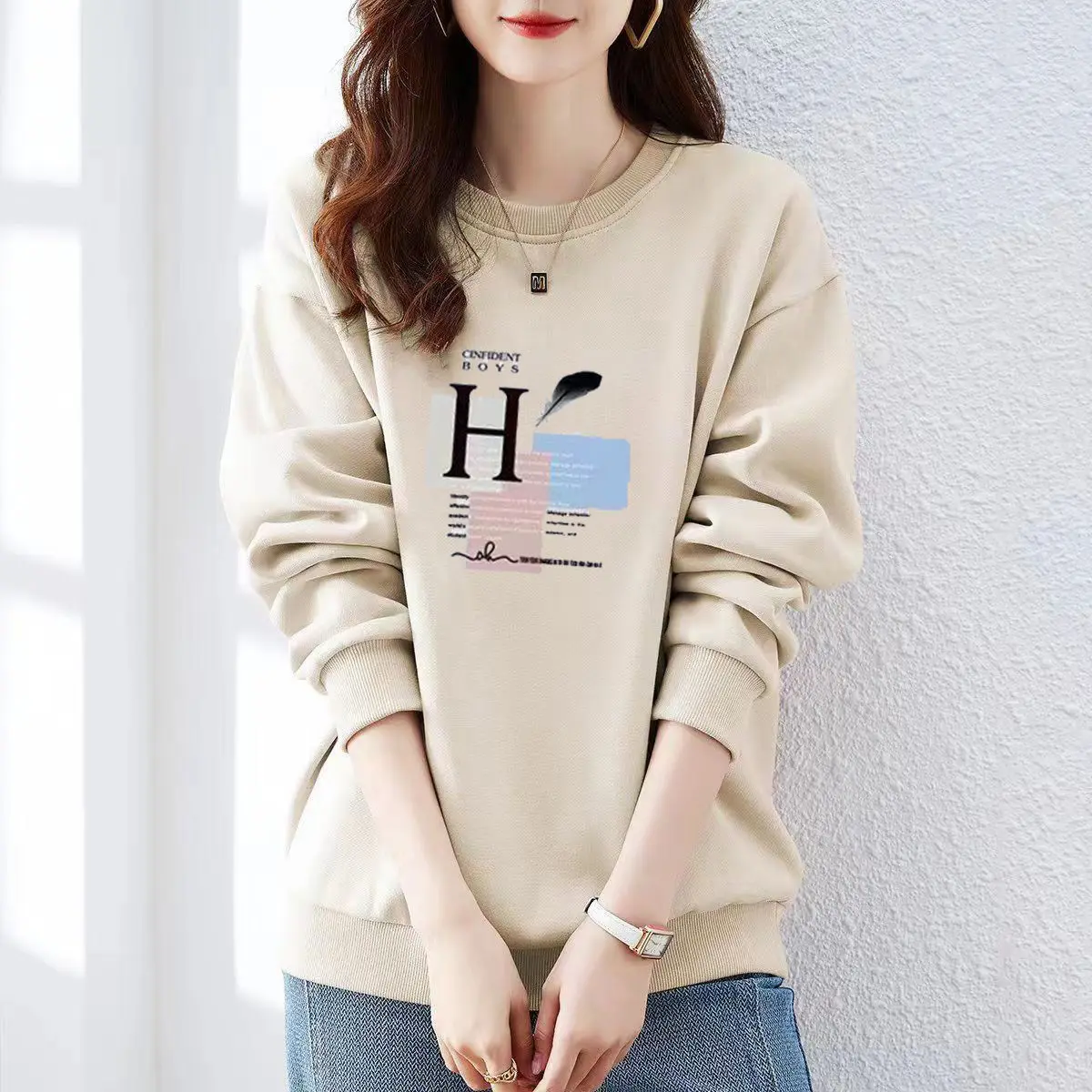 Women Clothing Letter Printed Pure Cotton Sweatshirts Autumn Winter Loose Large Version Long Sleeve Hoodies O-neck Pullover Tops