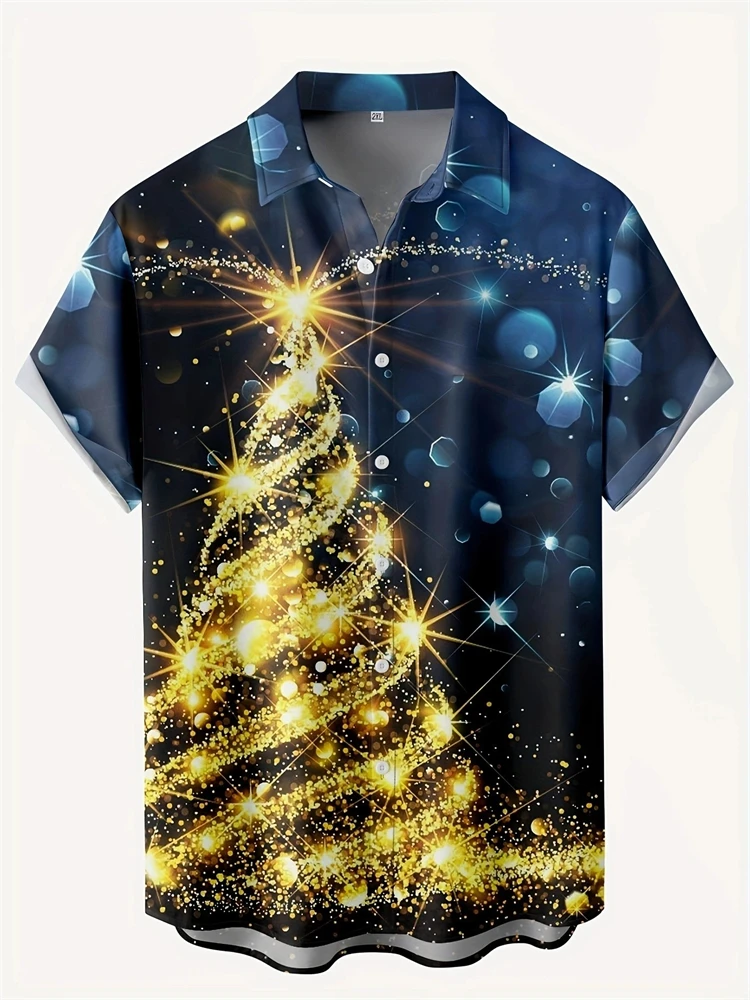 New Year Men's Christmas Tree Printed Shirt Fashion Short Sleeve Button Hawaii Holiday Shirt Men's Party Vacation Plus Size Tops