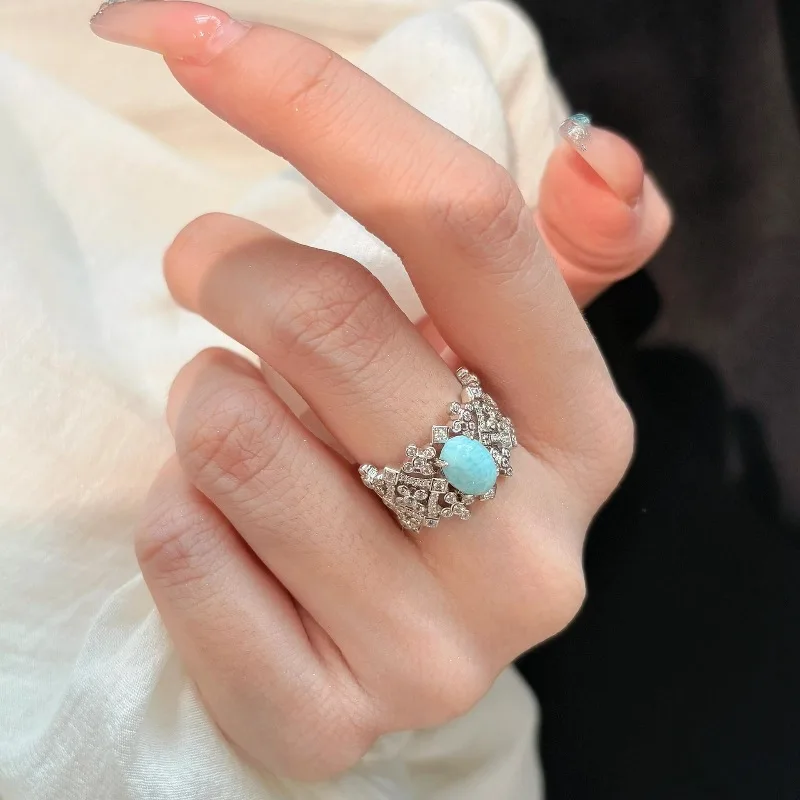 Original Vintage Light Luxury High quality Brushed inlay Diamond Turquoise Rings Charms Banquet Ring Couple Jewelry Gift