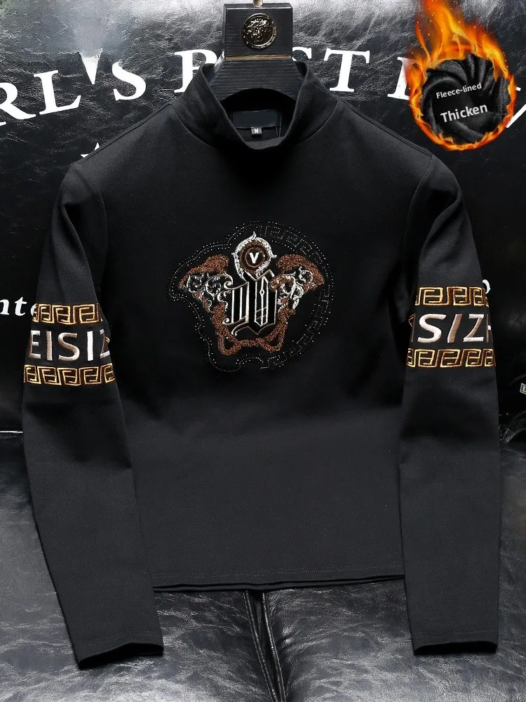 

Ele Men's Fce Lined Embroidered T-irt Faionable Slim Fit f High Collar Base irt for Autumn Winter Warmth