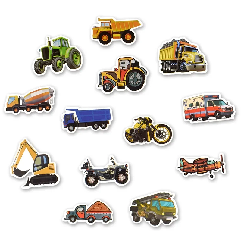 50pcs Cartoon Transportation Sticker Truck Car Ship Aircraft Construction Vehicle Sticker for DIY Kids Toy Learning Traffic Tool