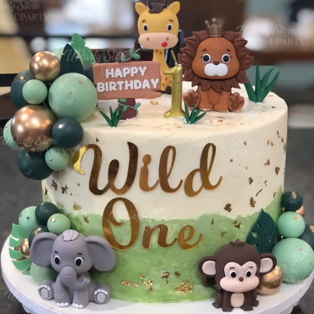 Kuchenaufsatz mit Safari-Tieren, grüne Blätter, Dschungeltiere, alles Gute zum Geburtstag, Kuchenaufsatz für Wild One, Geburtstag, Babyparty, Kuchendekoration – Detail 5