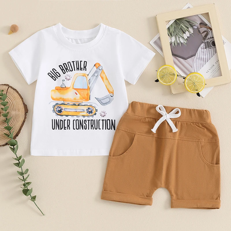 

2024-03-08 Lioraitiin 0-3Y Toddler Boys Summer Outfits Letter Digger Print Short Sleeve T-Shirt and Elastic Shorts Clothes Set