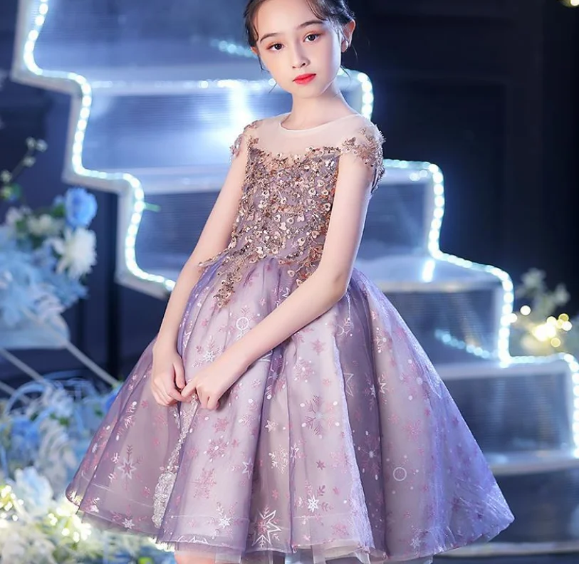New Baby Girls Fairy Boutique Purple Mesh Flower Dress, Princess Kids Elegant Fashion Party Dresses 4-10 T