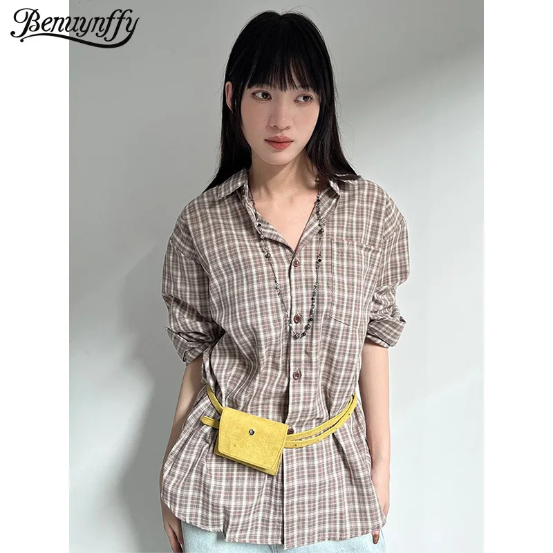 

Benuynffy Vintage Long Sleeve Plaid Shirt for Women 2026 Spring New American Fashion Loose Button Down Casual Ladies Shirts