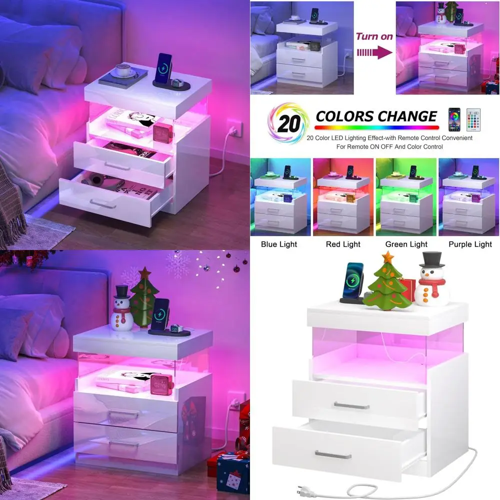 

Contemporary Drawer Nightstand in Gloss White with LED Charger & Storage