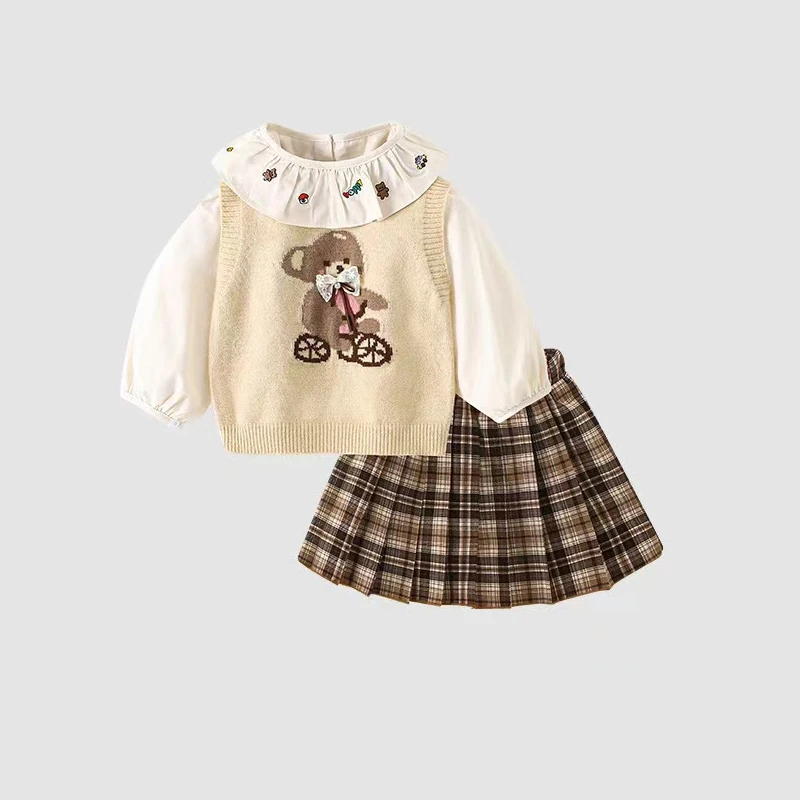 

Girl'S Sweet 3pcs Sets Autumn Children Kids Infants knitted Waistcoat Shirt+Cartoon Knitted Vest+Pleated Skirt