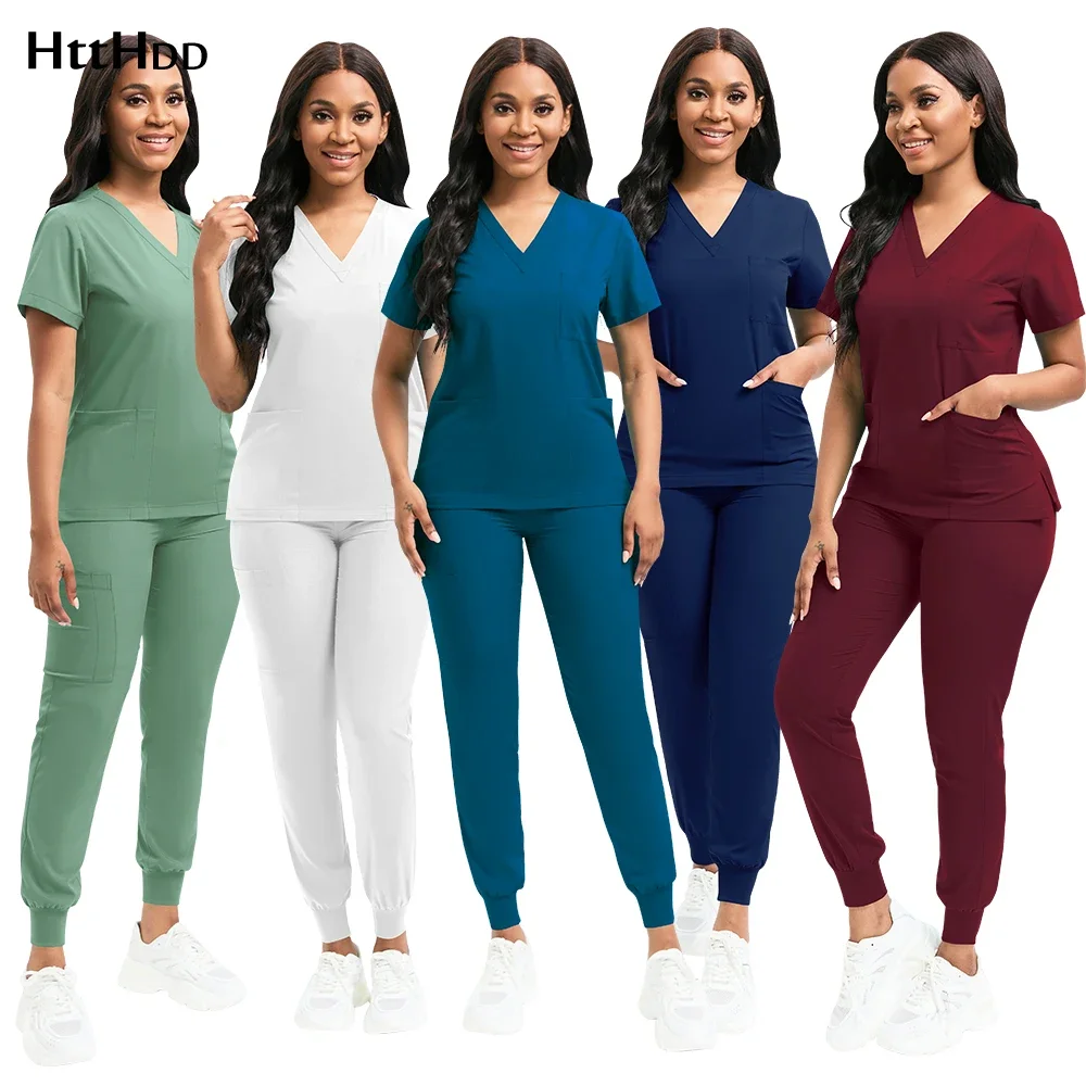 Doctor Surgical Uniform Hospital Clinic Scrub Sets Women Medical Accessories Blouse Jogger Pants Short Sleeve Breathable Uniform