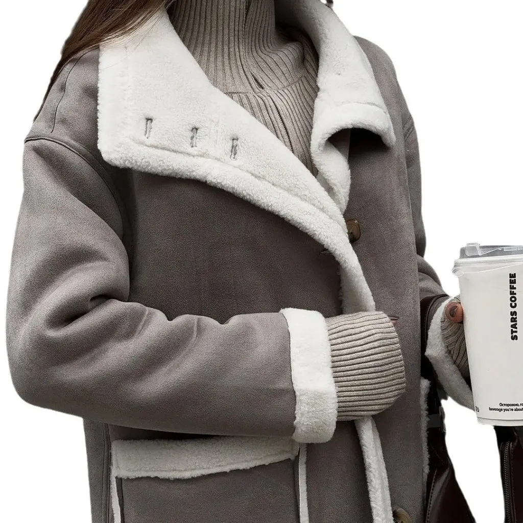 

Women's Woolen Coat Gray White Patch Lapel One-Piece Autumn Winter Fashion by European American
