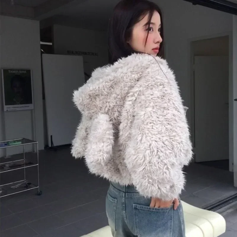 Bonito orelhas de coelho de pelúcia com capuz casaco com zíper estilo coreano feminino outono inverno cor sólida estilo preguiçoso solto casual engrossar casaco