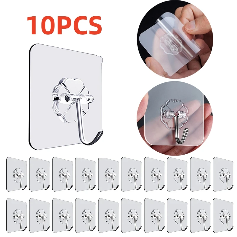 10PCS Transparent Stainless Steel Strong Self Adhesive Hooks Key Storage Hanger for Kitchen Bathroom Door Wall Multi-Function