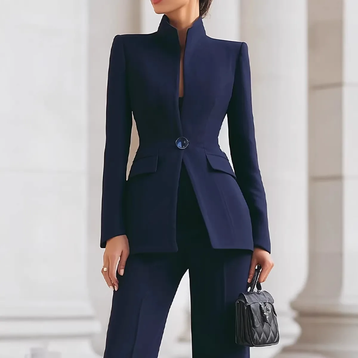 Two Piece Pant Sets Women Stand Collar Blazer Single Button Jackets Solid Elegant Straight Pants Casual Office Lady Autumn 2026
