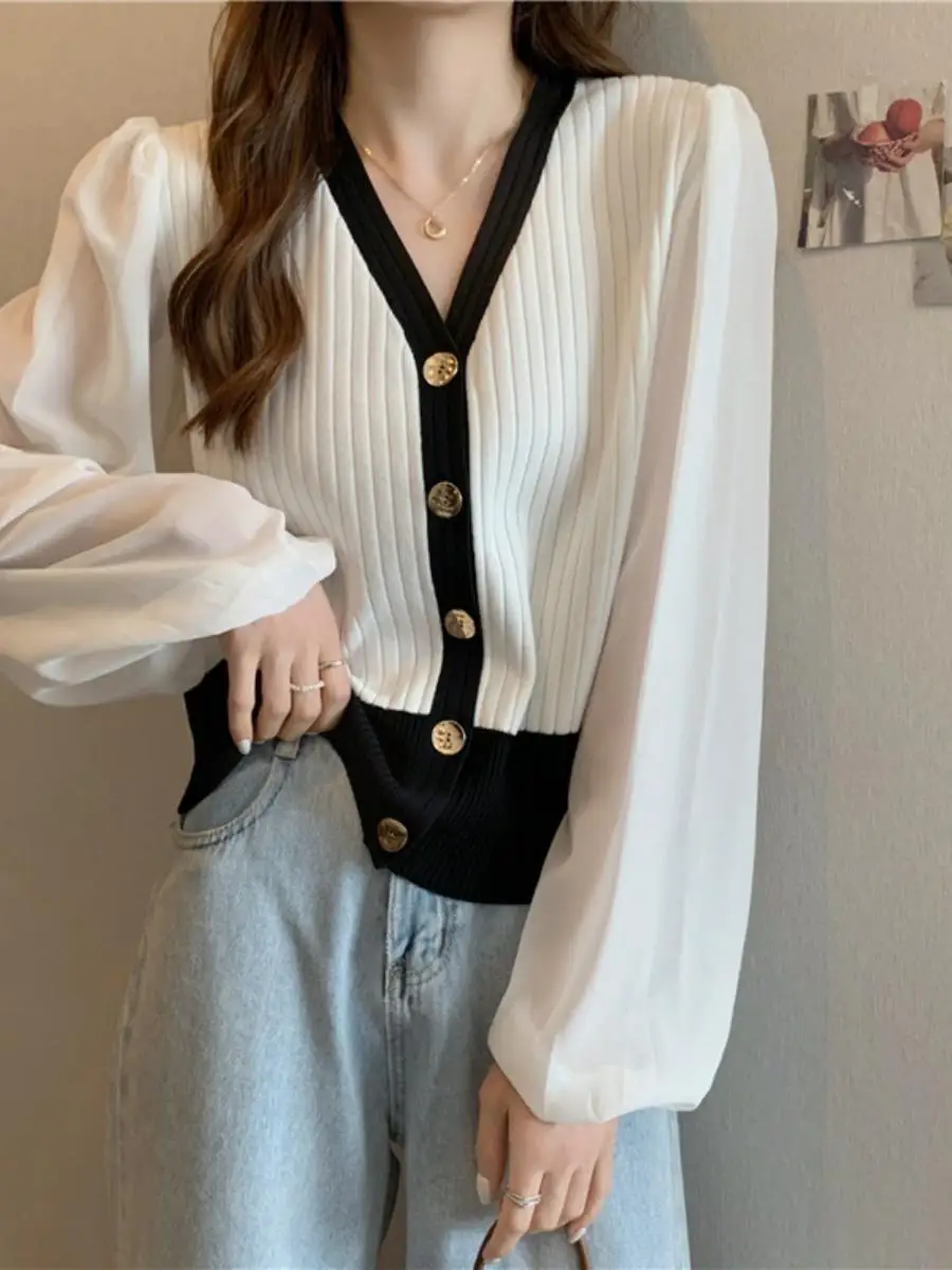 

Loose V-Neck Long Sleeve Knitted Cardigan Women's Fashion Autumn Winter New Style Korean Version Chiffon Splicing Sweater