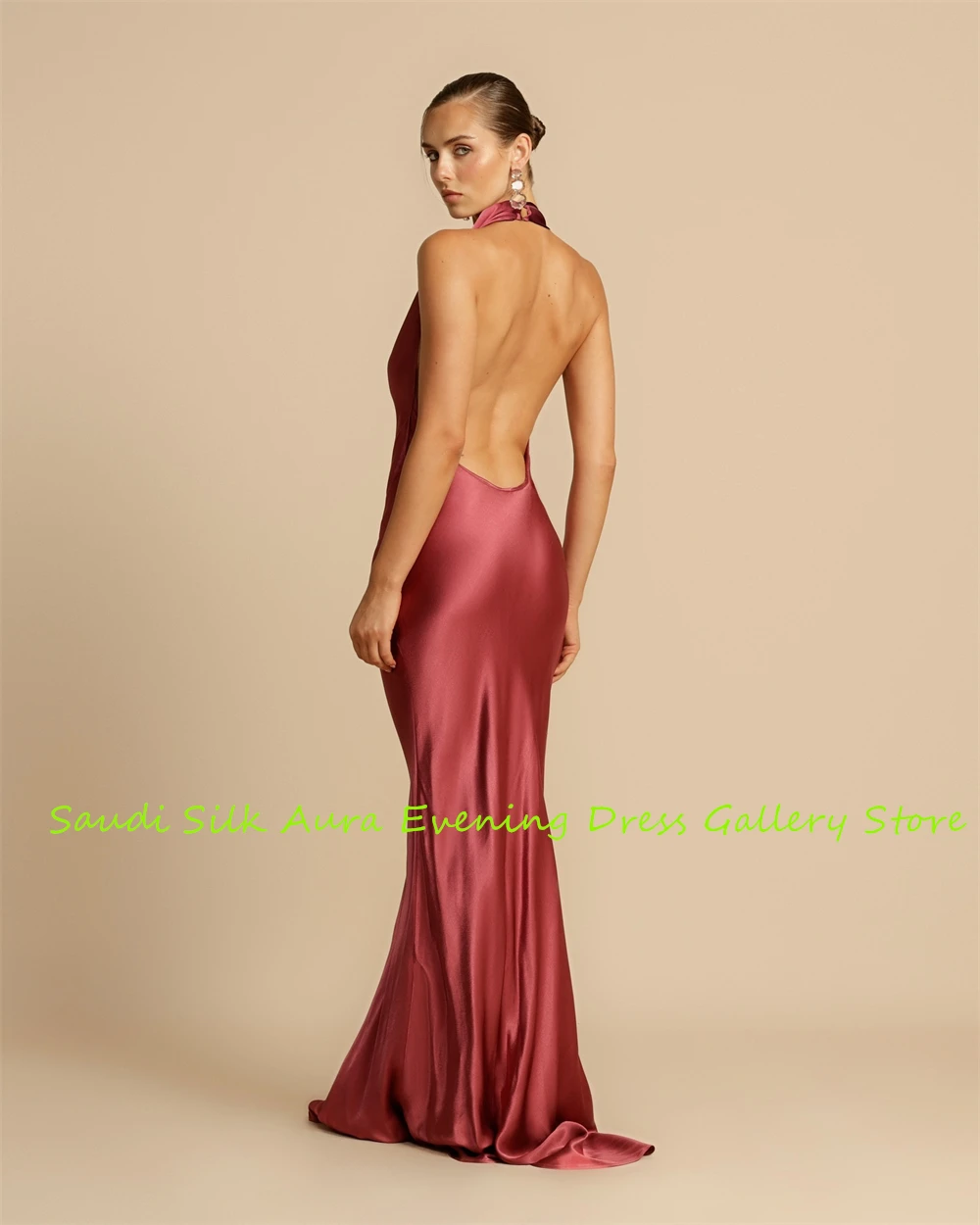 Customized Customized Temperament  Burgundy Satin Evening Dress Mermaid Halter Sleeveless Celebrity Gowns Open Back Exquisite Pa
