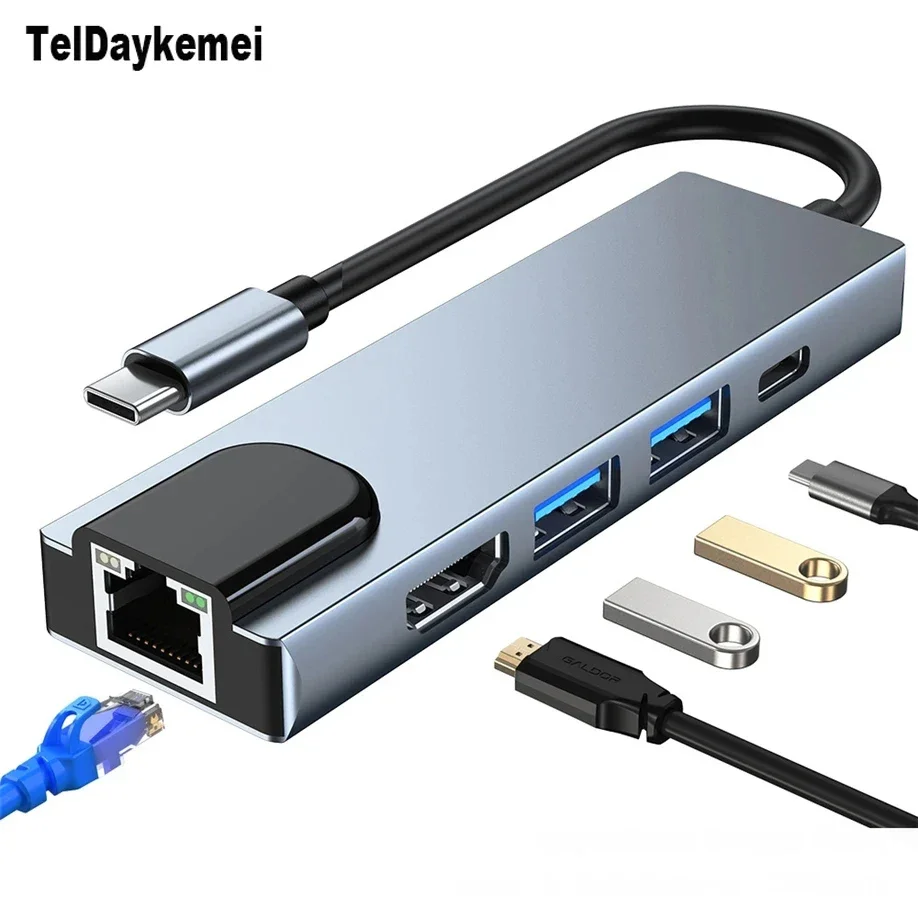 Adaptor USB C Hub Tipe C ke 4K HD, Hub USB C 5 in 1 dengan jaringan RJ45 1000M Ethernet Lan Charger Port Adapter untuk Macbook Pro