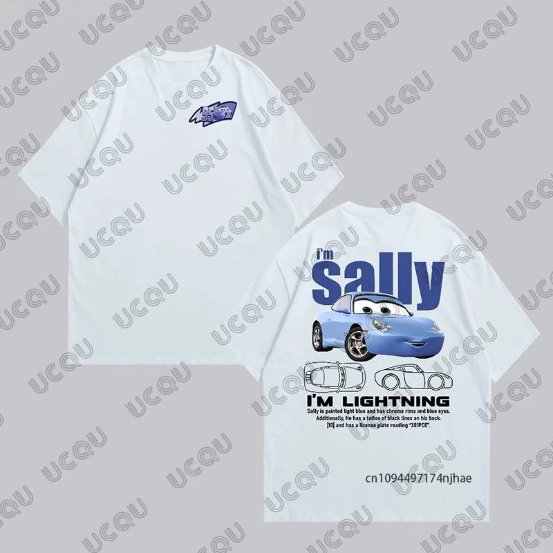 Lightning Mcqueen und Sally Print Paare T-Shirt für Damen Herren Sally und Mcqueen Sommer Baumwolle Kurzarm T-Shirts Casual Tops