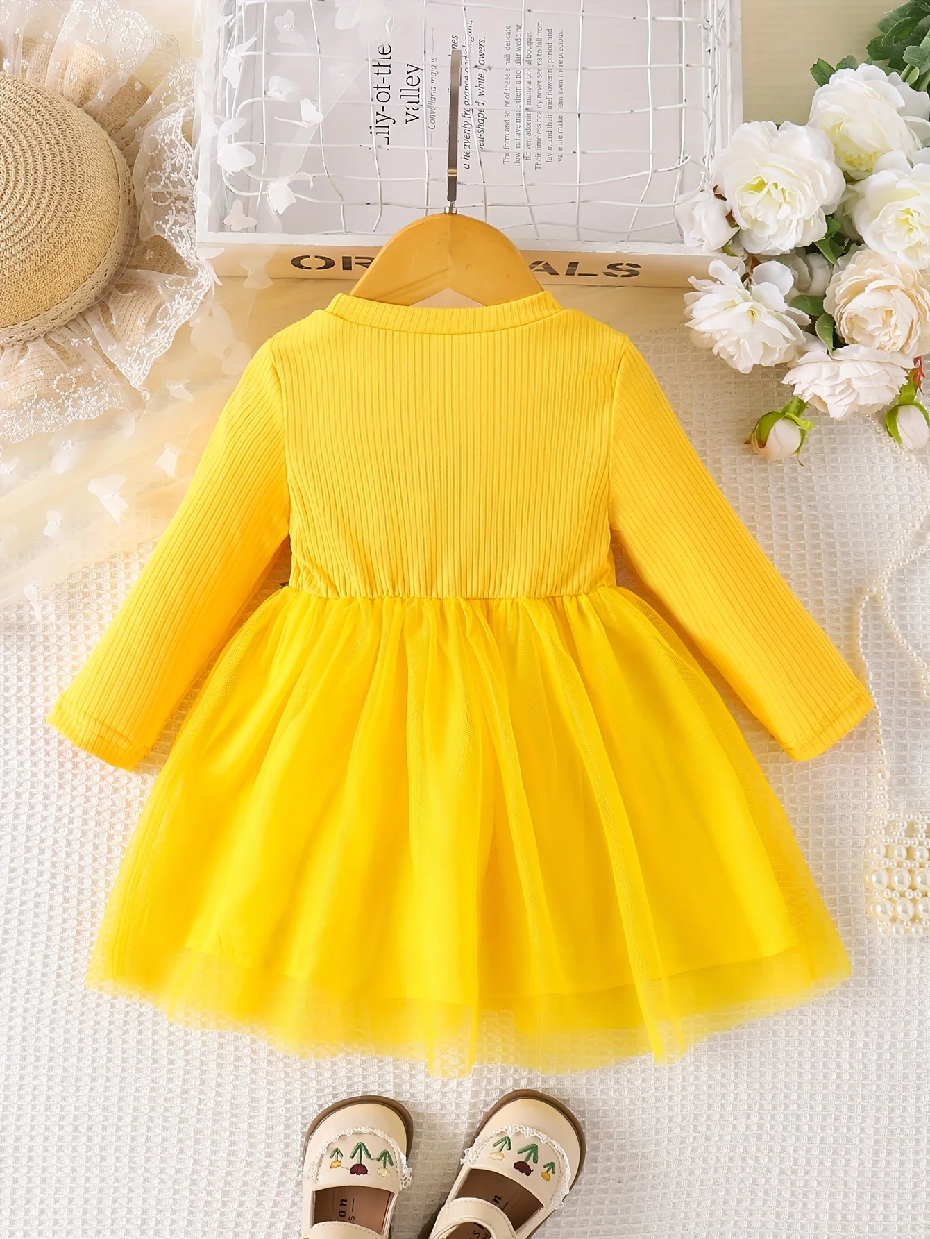 Bright Yellow Knit 3D Flower Dress - Double Tulle Hem Girls’ Vitality Sweet Daily Princess Gown