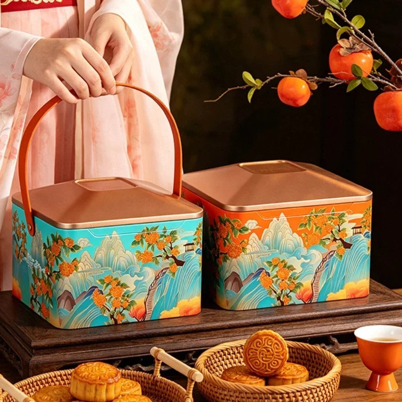 Metal Pastry Gift Box with Carry Handle, 8-Piece Presentation Tin with Raised Chinese Art for Family Visits Y5GB