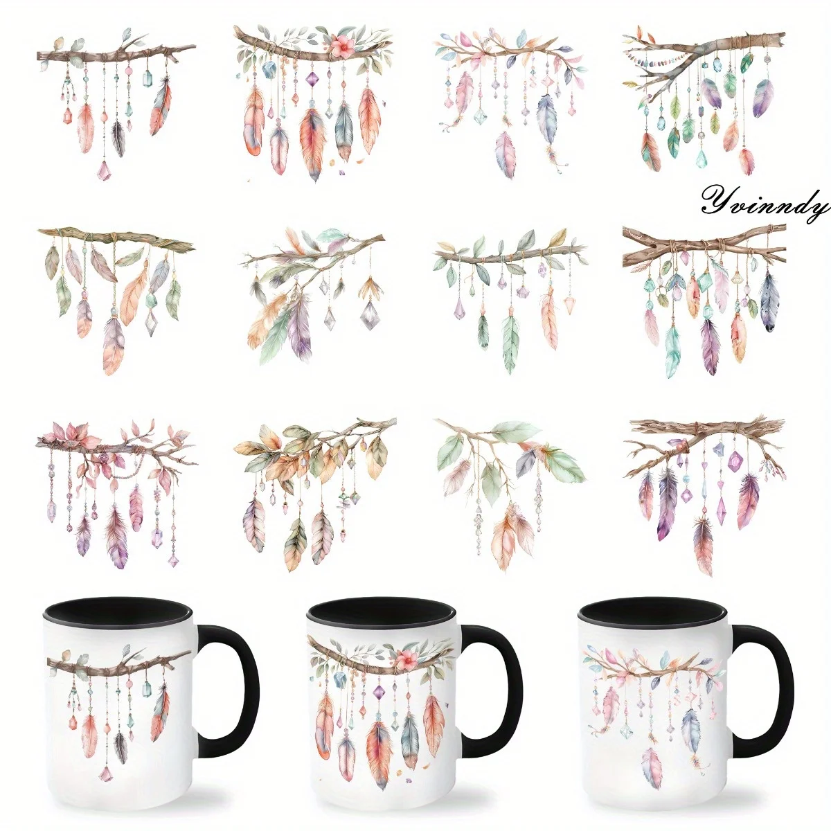 12 Stück/Set Bohemian Branches DIY Glasgefäß-Verpackungsaufkleber UV DTF Hochwertiges Selbstklebendes Transferpapier