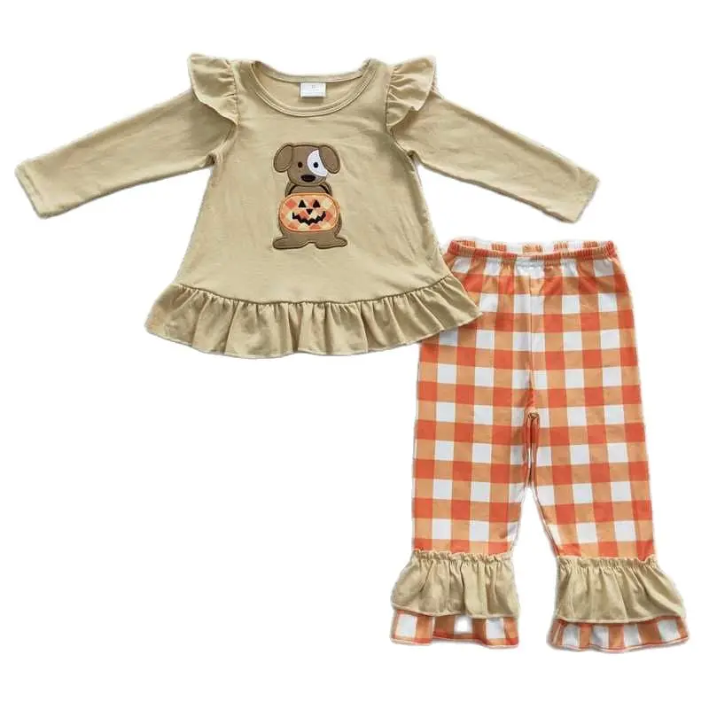 Meisjes Geborduurde Puppy Jack-O-Lantern Plaid Beige Halloween Broek Met Lange Mouwen